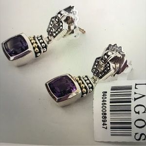 NWT, LAGOS Sterling silver 18K gold Caviar color Amethyst post drop earrings,